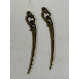 Ornate Vintage Brass Hair Pins Pair Asian Floral Dragon Phoenix